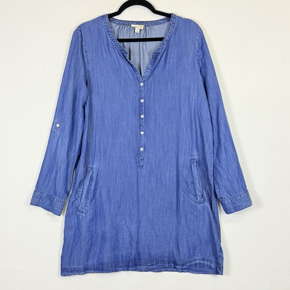 Soft Joie Chambray Dress Women Medium Blue Lyocell Roll Tab‎ Sleeve Boho Coastal
